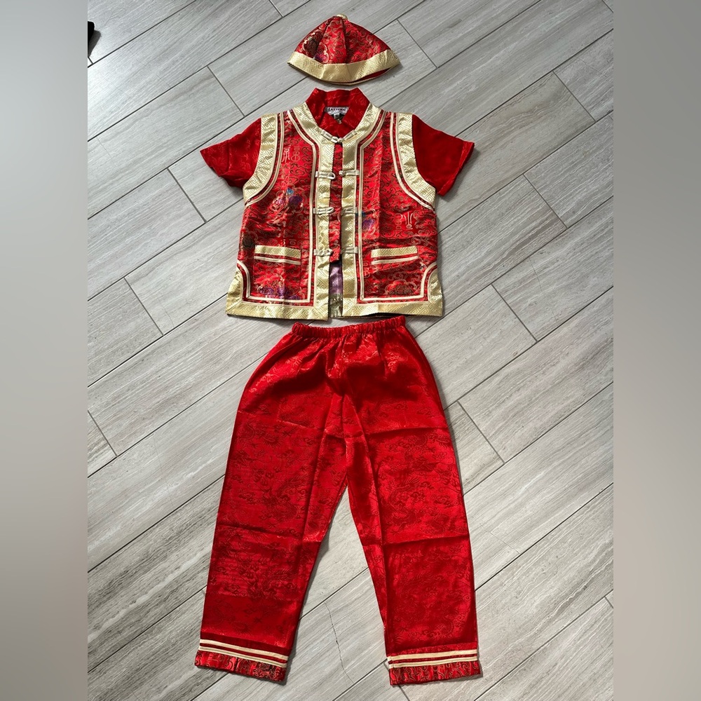 Traditional Chinese New Year shirt and pant set with cap for boys, size 10